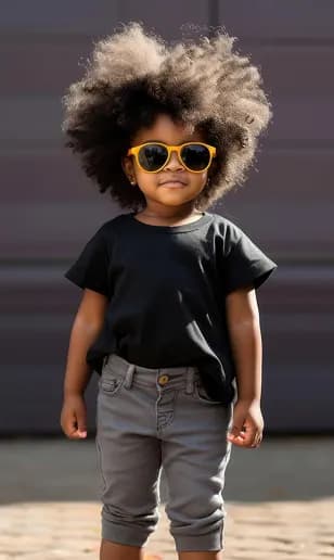 Child wearing a modern black outfit and sunglasses